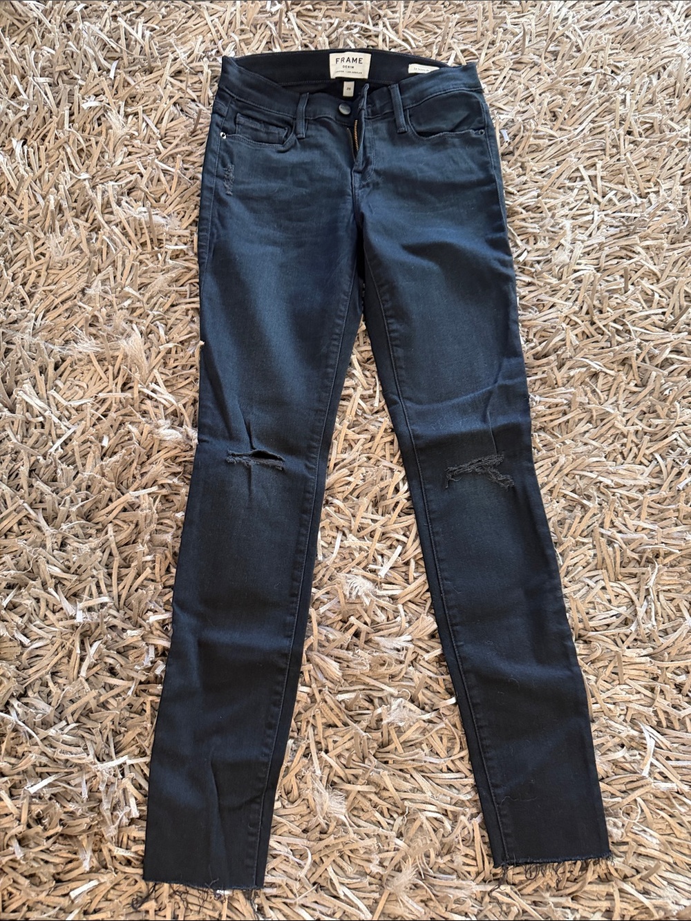 Frame Denim Black Skinny Jeans with Knee Rips